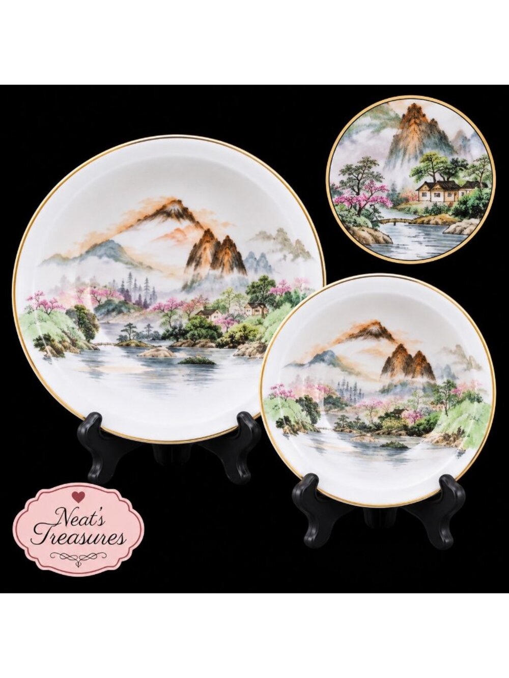 Kutani KUT108 Mt Fiji Oriental Scene Gold Trim Landscape Handpaint  Bowl Set 2